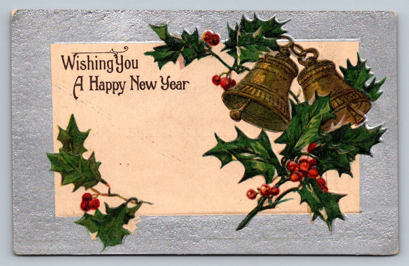 Postcard Wishing You a Happy New Year Gold Bells Holly Unposted  O681