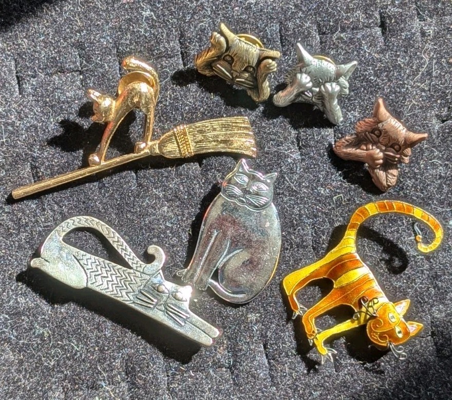 Cat Brooch And Pin Lot Of 7 Some Signed