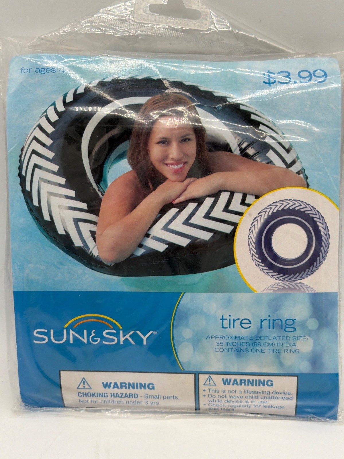 Sun & Sky Blue & White Inflatable Tire Ring 35 Inches For Ages 4+