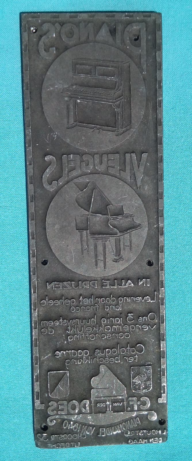 1930s ADVERTISING PRINTING PLATE CF VAN DER DOES PIANO RENTAL VERY RARE