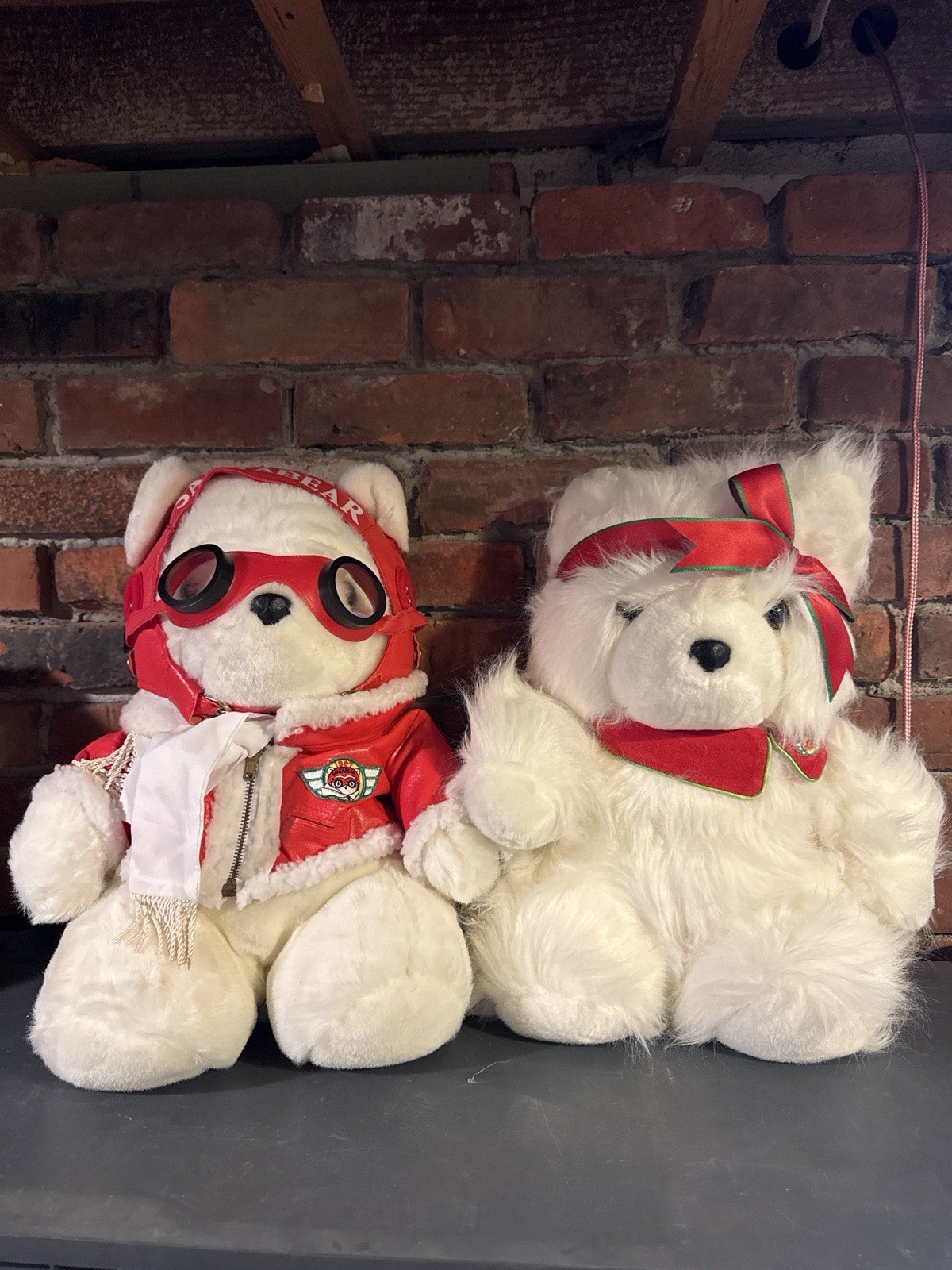 Vintage Christmas Teddy Bear Aviator Bear & Holiday Ribbon Bear 16” Stuffed Pair