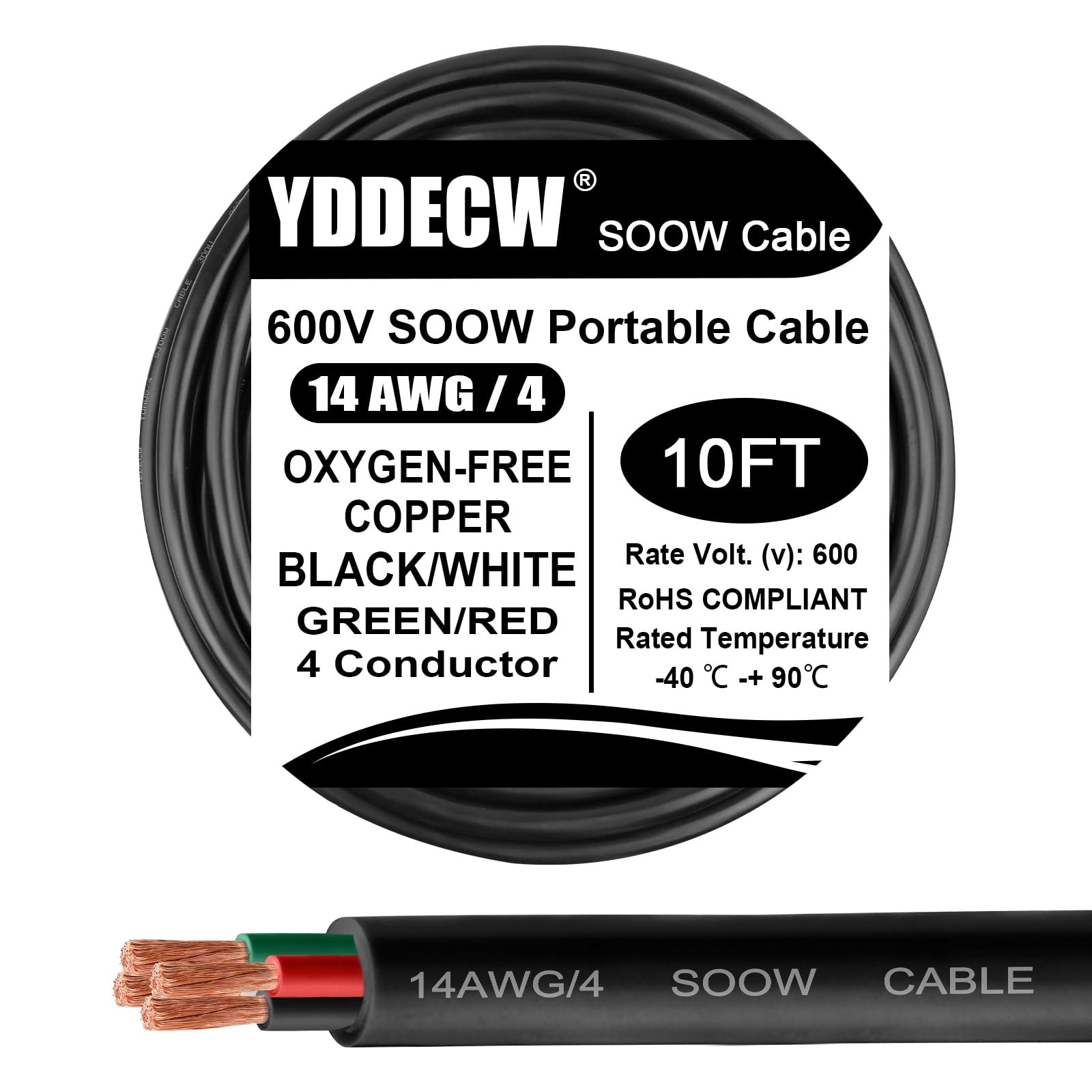 YDDECW 10ft 14/4 14 AWG SOOW 600V Portable Power Cable 4 Conductor