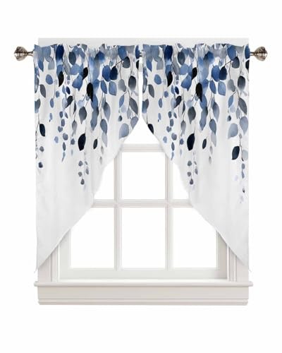 Blue Eucalyptus Swag Curtains Valance For 36"W x 36"L (Pack of 2) White Blue