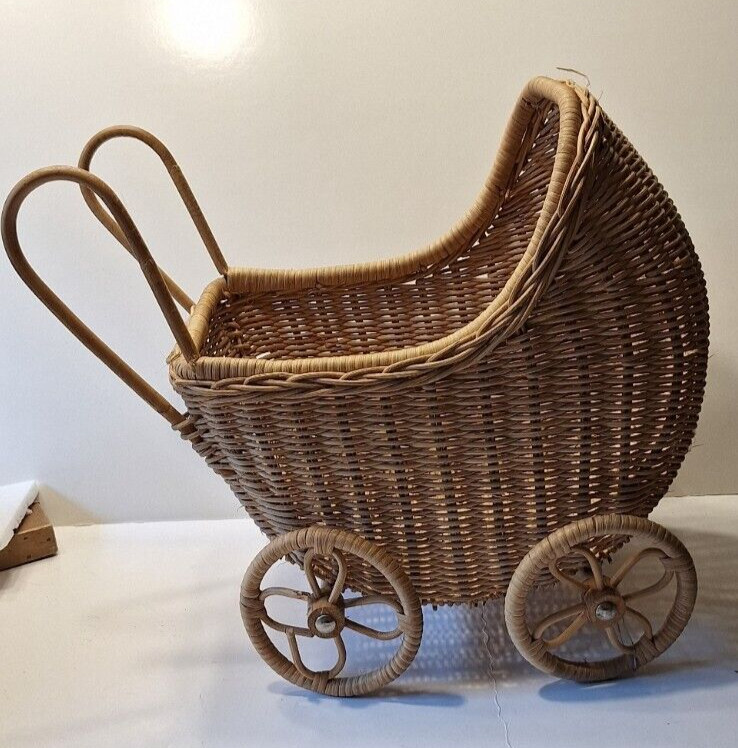 vintage Natural wicker rattan carriage doll buggy pram 15 W 14 H,8 across