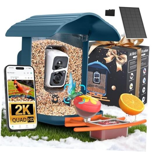  PAV-Bird Feeder with Camera,2K HD with 64GB Card, AI Identify Smart Bird Blue