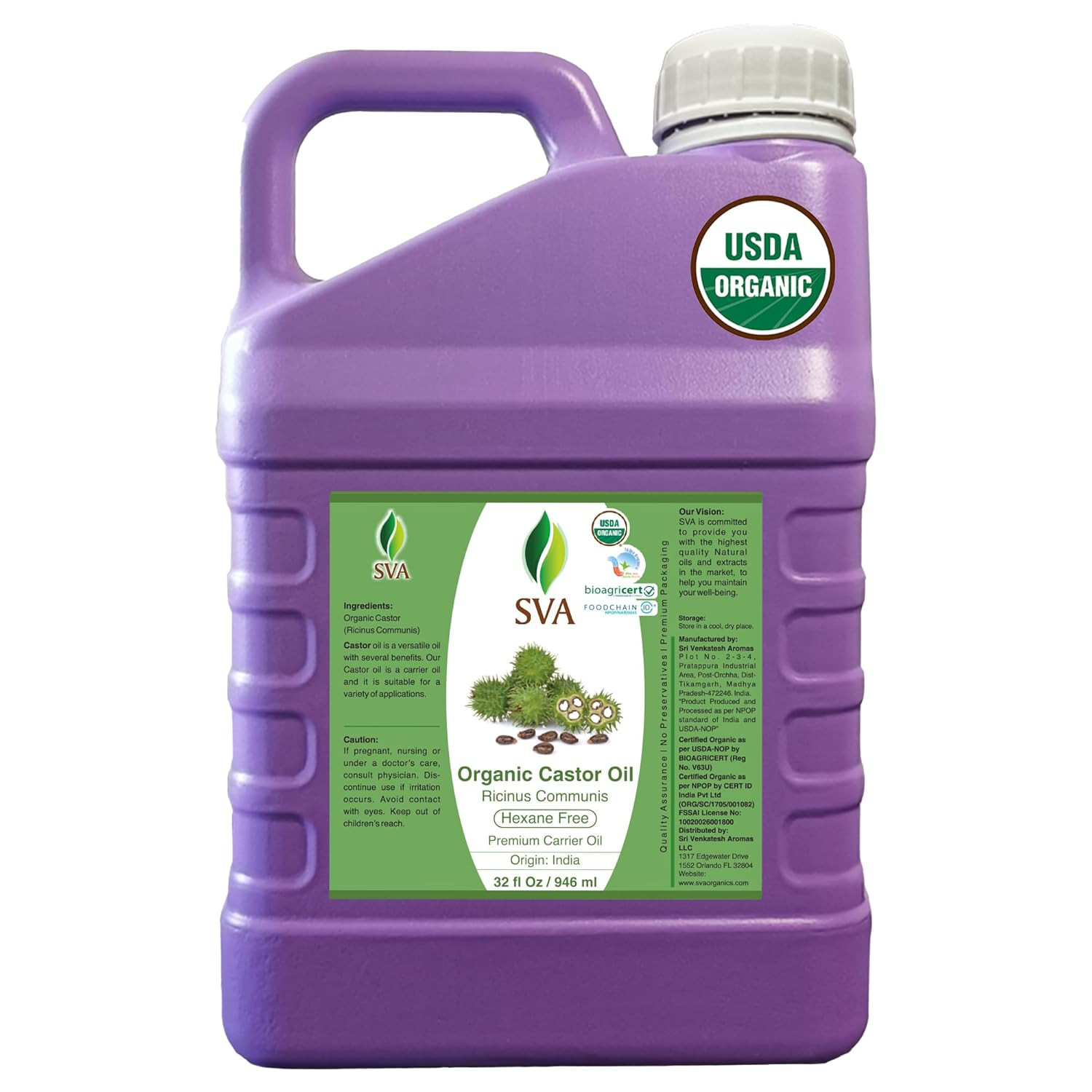 SVA Castor Seed Oil Organic - 32 Fl Oz – 100% Natural Cold Pressed Organic Casto