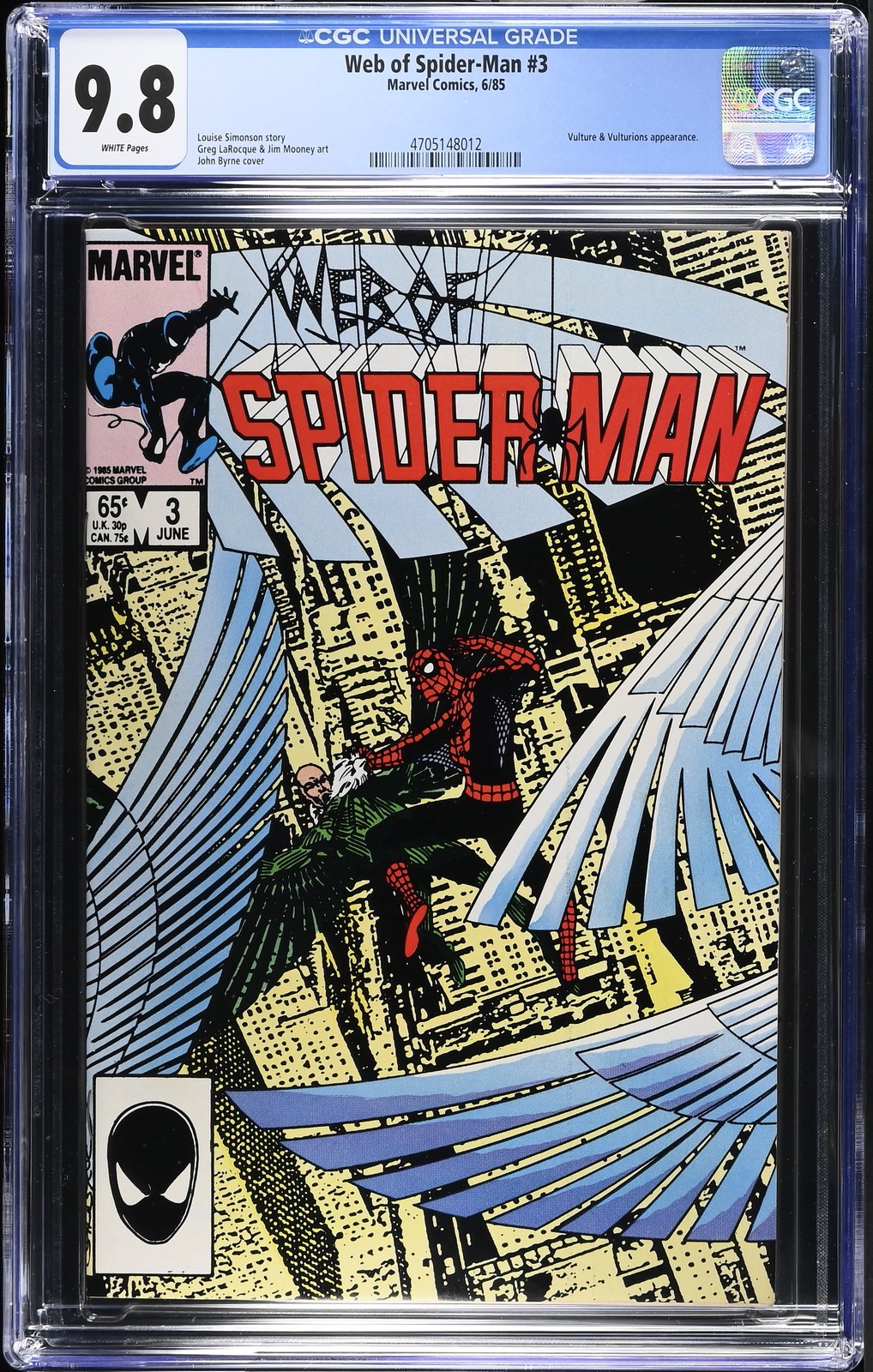 WEB OF SPIDER-MAN #3 CGC 9.8 WHITE PAGES VULTURE & VULTURIONS 1985 FREE SHIPPING