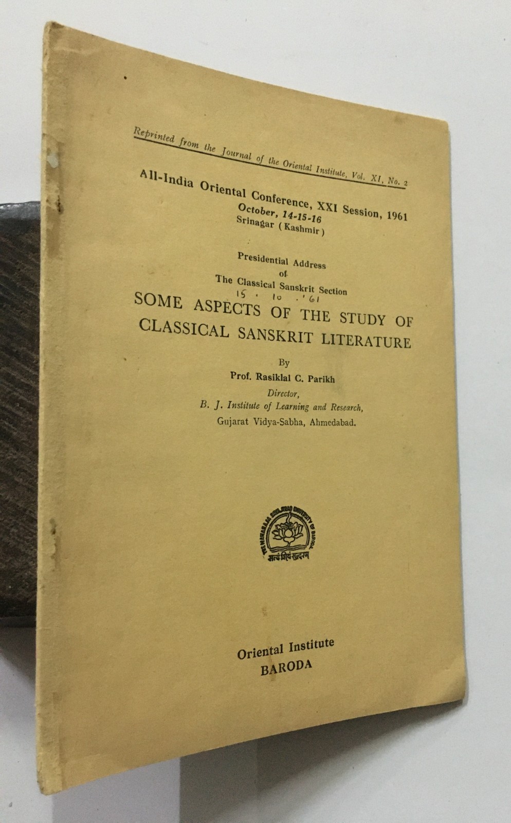 Parikh, Rasiklal C: Some Aspects Of Study Of Classical Sanskrit Literature. 1961