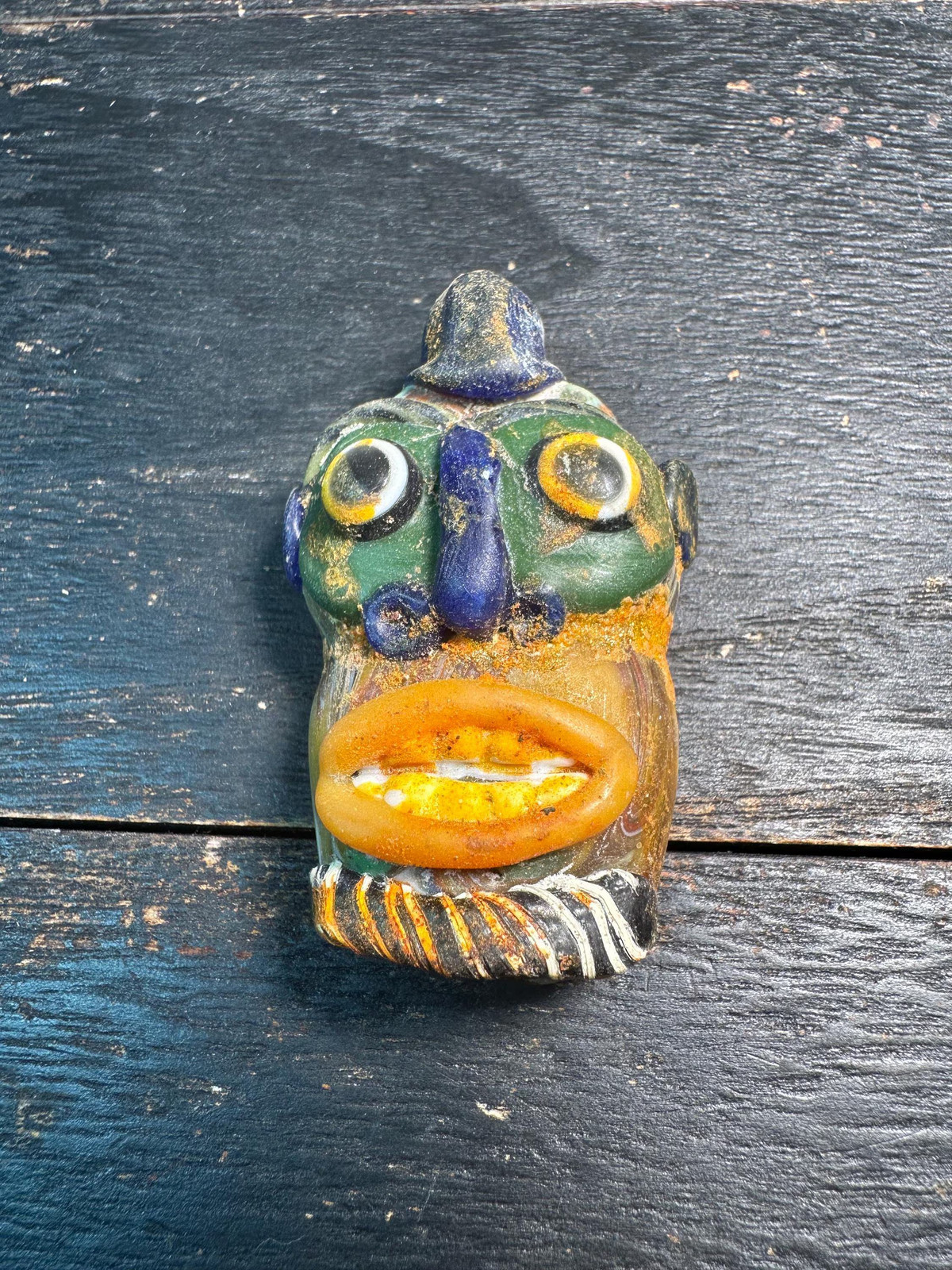 Handmade PhoenicianInspired Tribal Face Pendant Mosaic Glass Bead, Collectors A