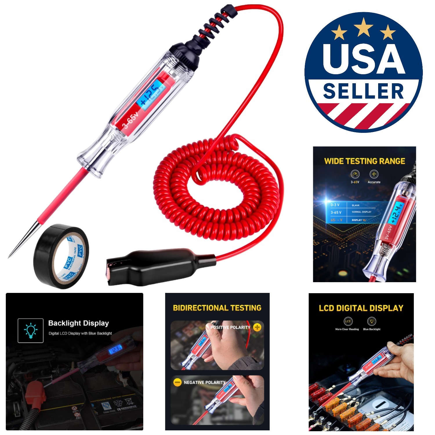 Professional 3-65V Digital LCD Voltage Tester with Flexible 140 Inch Spring Wire