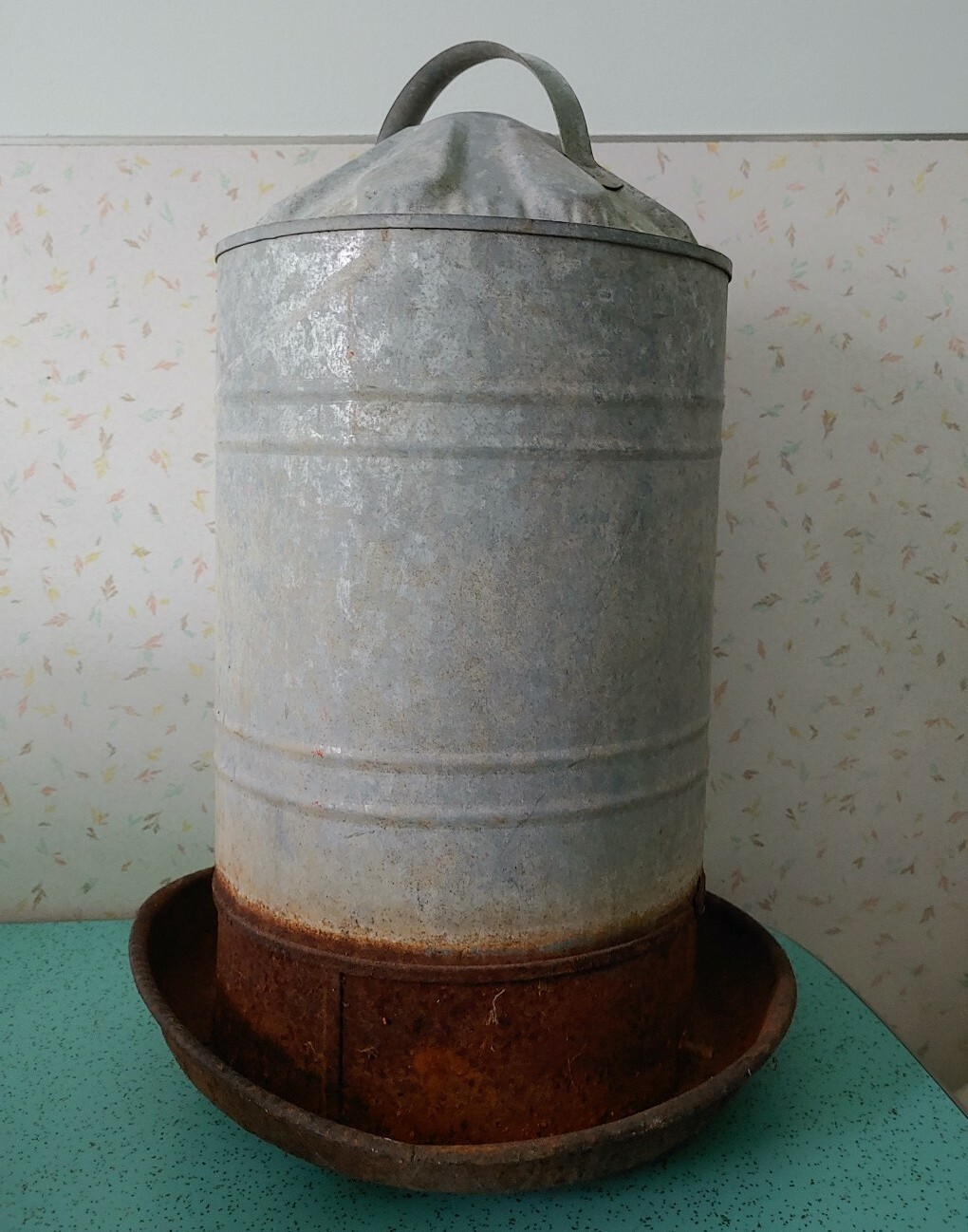 Vintage Round Farm House Chicken Galvanized Steel Water Feeder Antique Decor