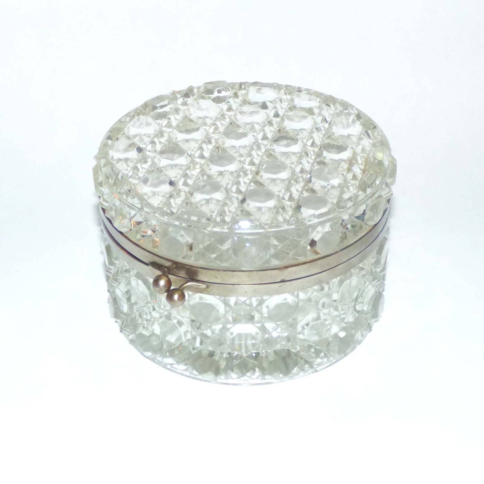 Antique Baccarat Style French Cut Glass Vanity Trinket Box Silver Hinge