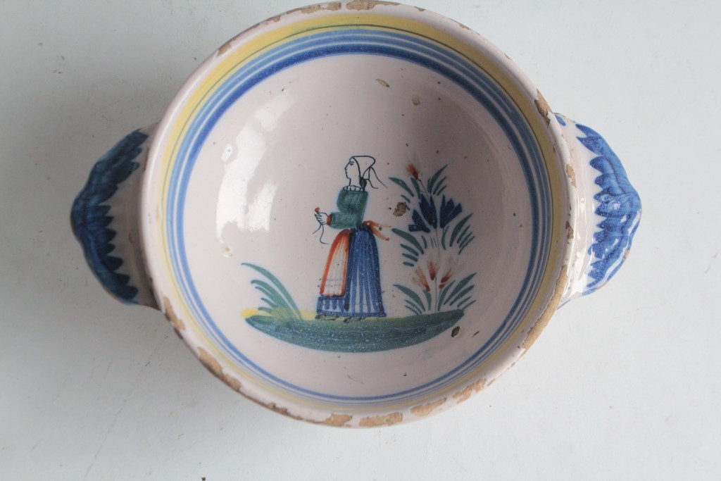 Antique earthenware bowl with handles, HR Quimper (74207)