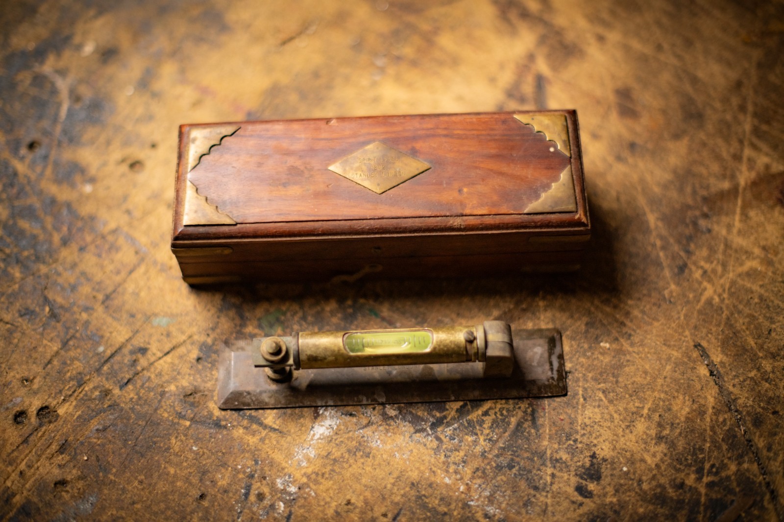 Antique - 1872 Stanley London Precision Spirit Level Brass Tool - Wood Case Rare