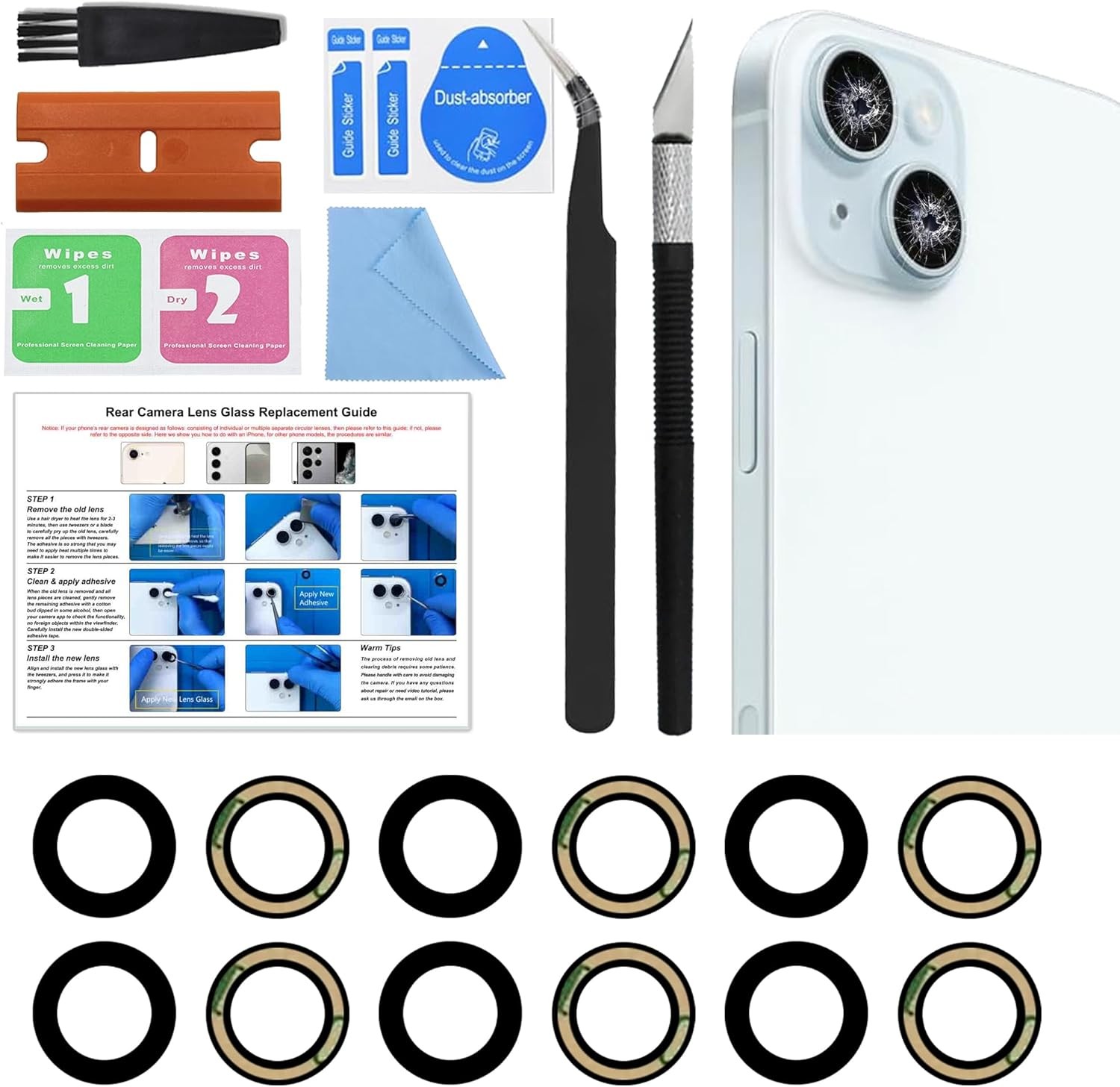 3 Pack Rear Camera Lens Glass Replacement Kit Compatible with iPhone 15 15 Plus