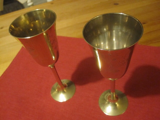 Vintage Pair of Silver Plated Hand Etched Wine Goblets - #002