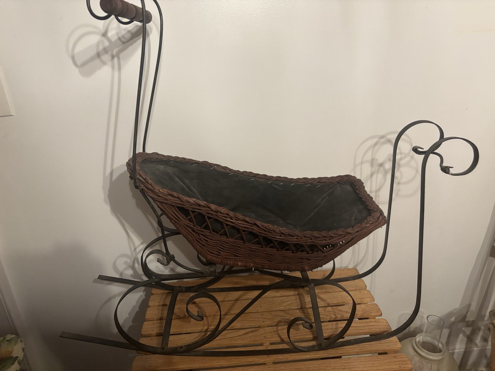 Vtg 36" Victorian Doll Sleigh Snow Ride Baby Doll Wicker Wrought Iron Wood Buggy