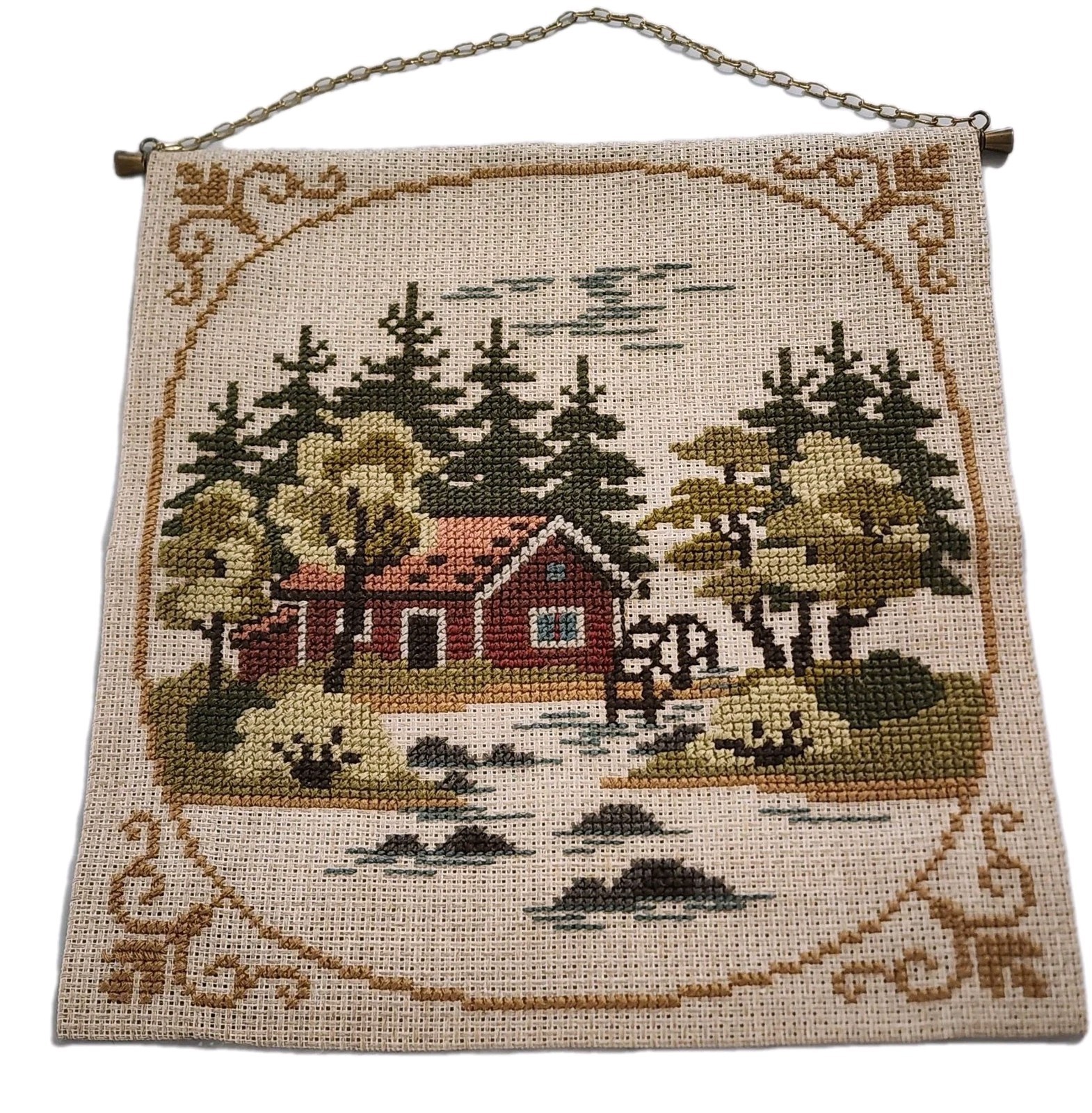 Vtg Swedish Nordic Traditional Tapestry Wall Hanging Embroidery Forest Cabin 15"
