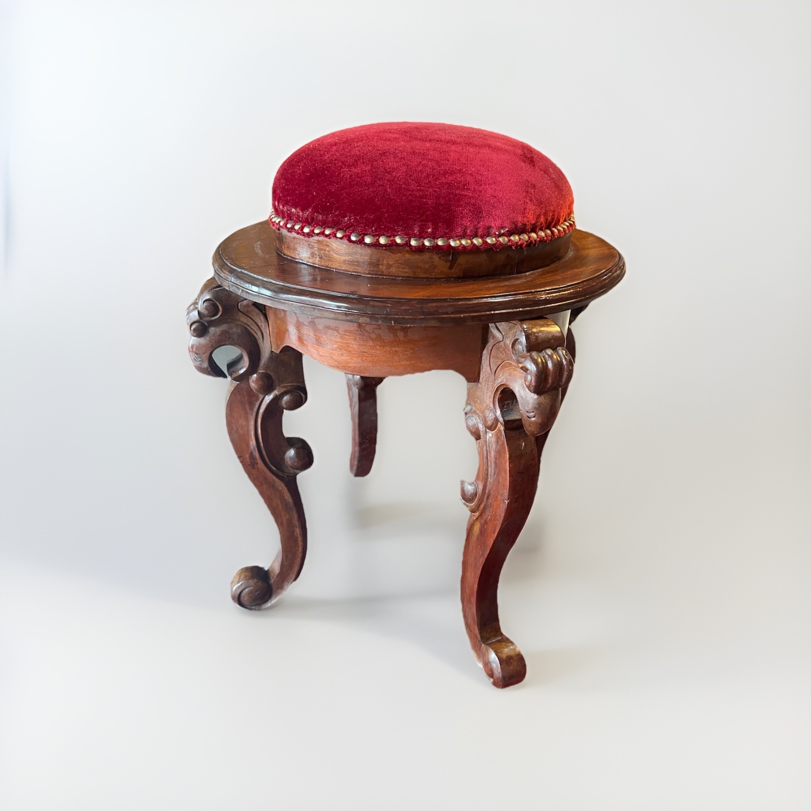 Antique Vanity Stool Rose Wood Gargoyle Legs French Style Red Puff Seat