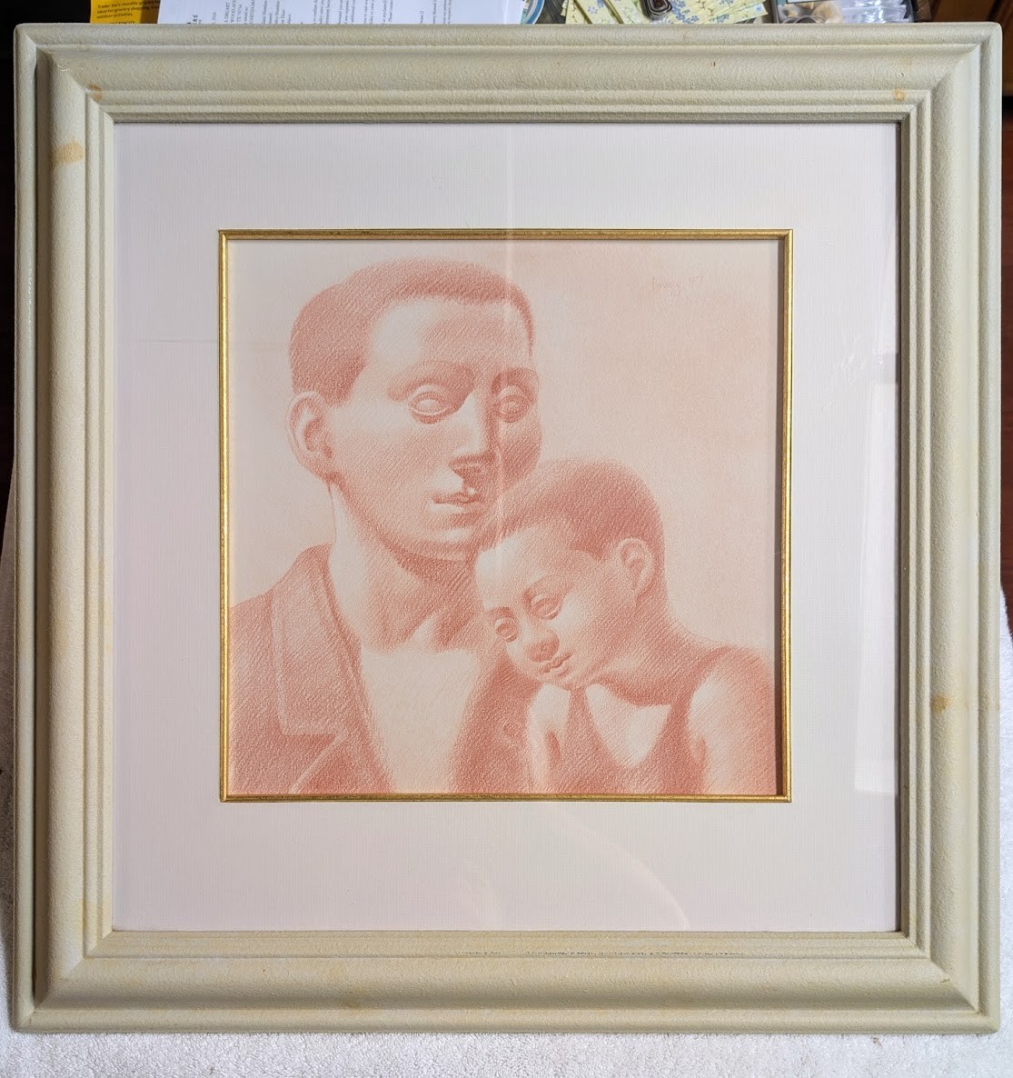 Original EDWARD POVEY (b 1951 London, England) “Man with Child” Conte Drawing