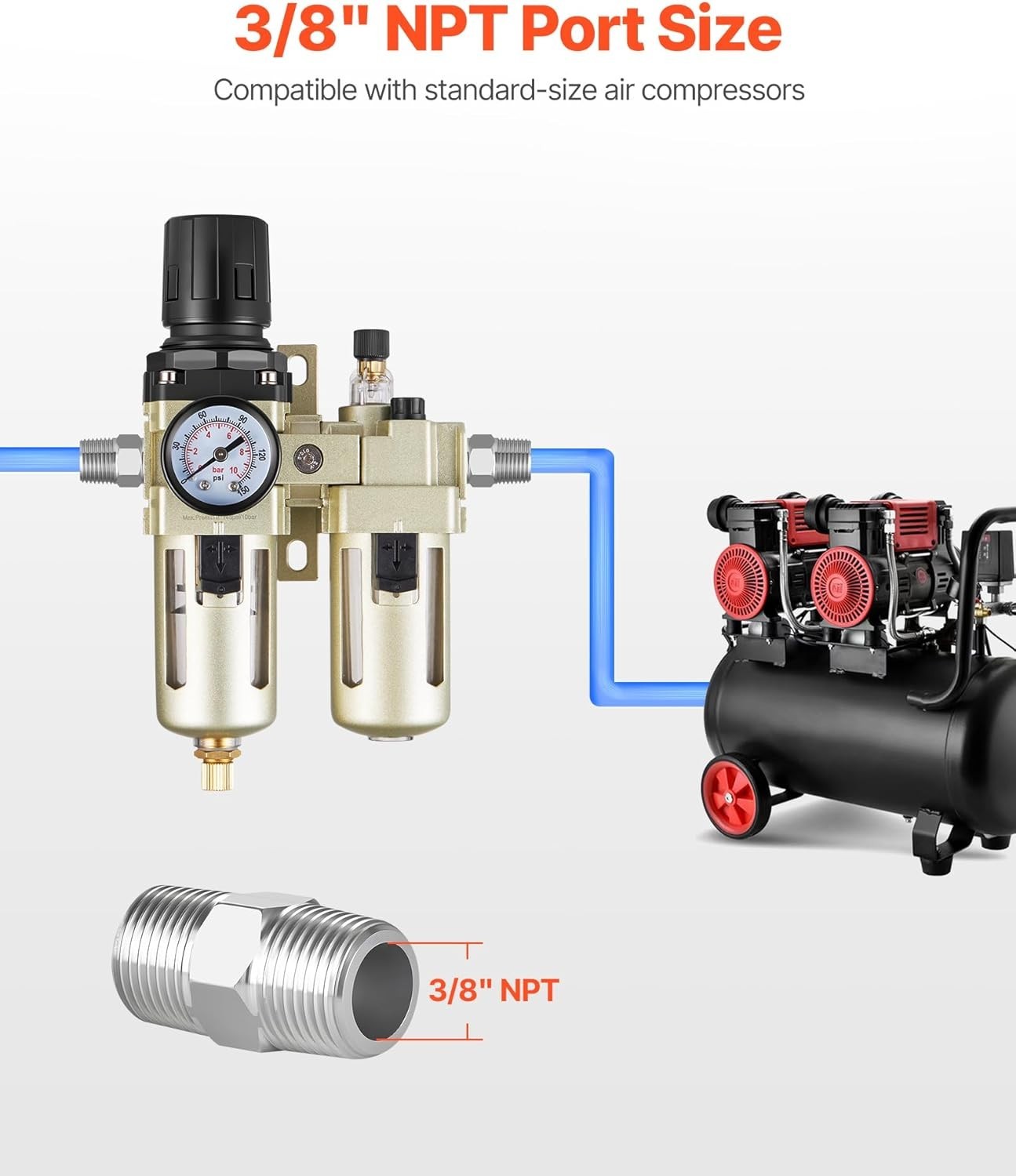 Air Compressor Filter Regulator Lubricator (FRL), 3/8" NPT Air Compressor Water
