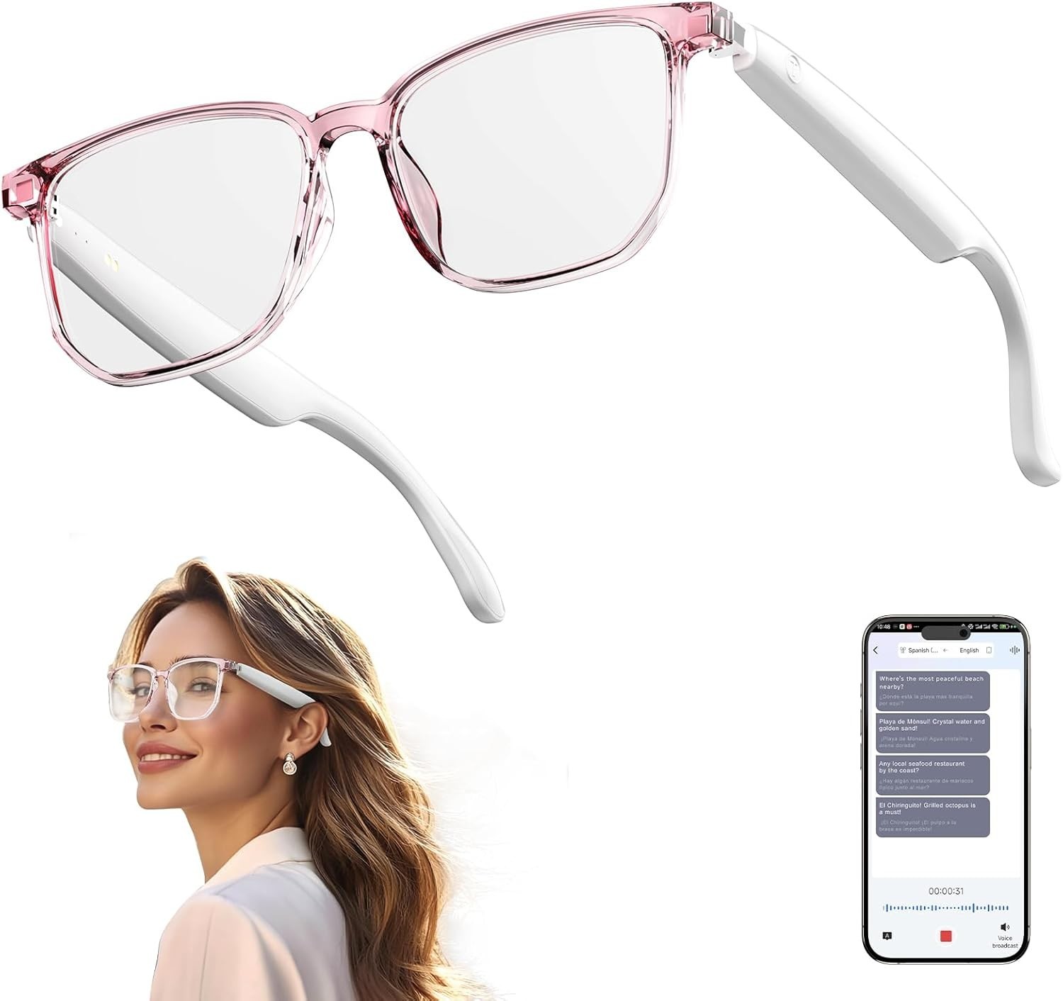 AI Smart Glasses, Bluetooth 5.4 Translation Glasses with 144 Language & Accen...