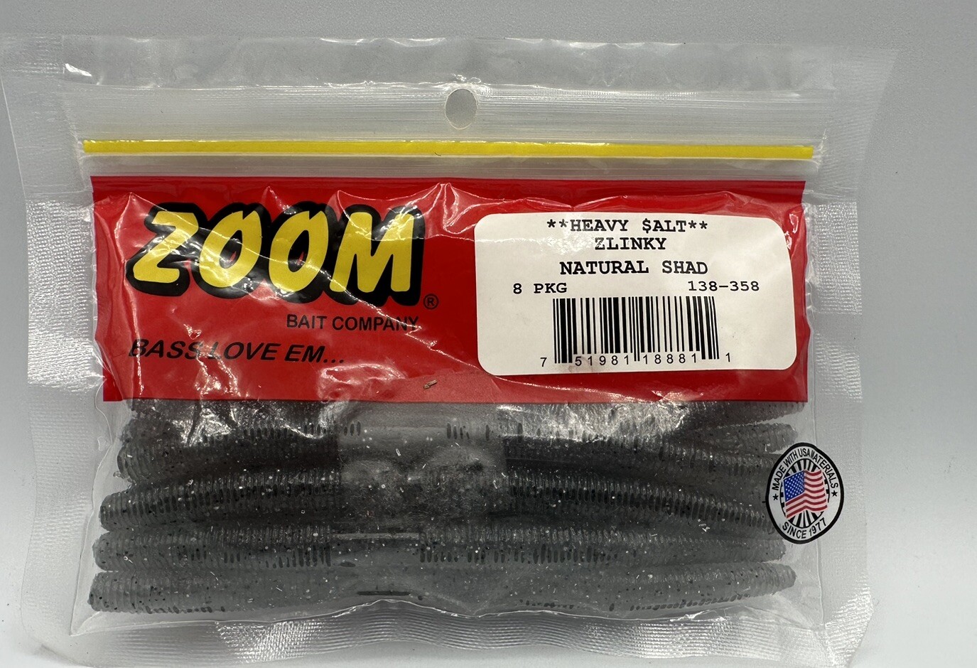 Zoom Zlinky 5.5” Stick Worms 138-358 Natural Shad 8 Worms Heavy Salt