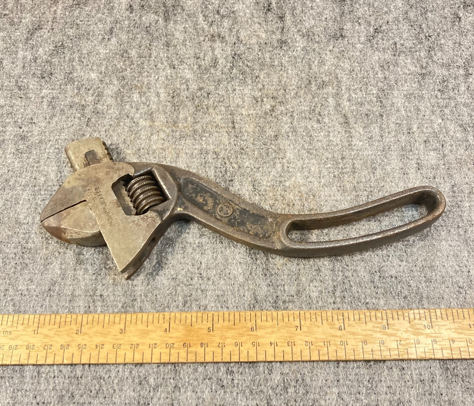 Vintage Wrench 10" Curved Open Handle Smooth Jaw Adjustable