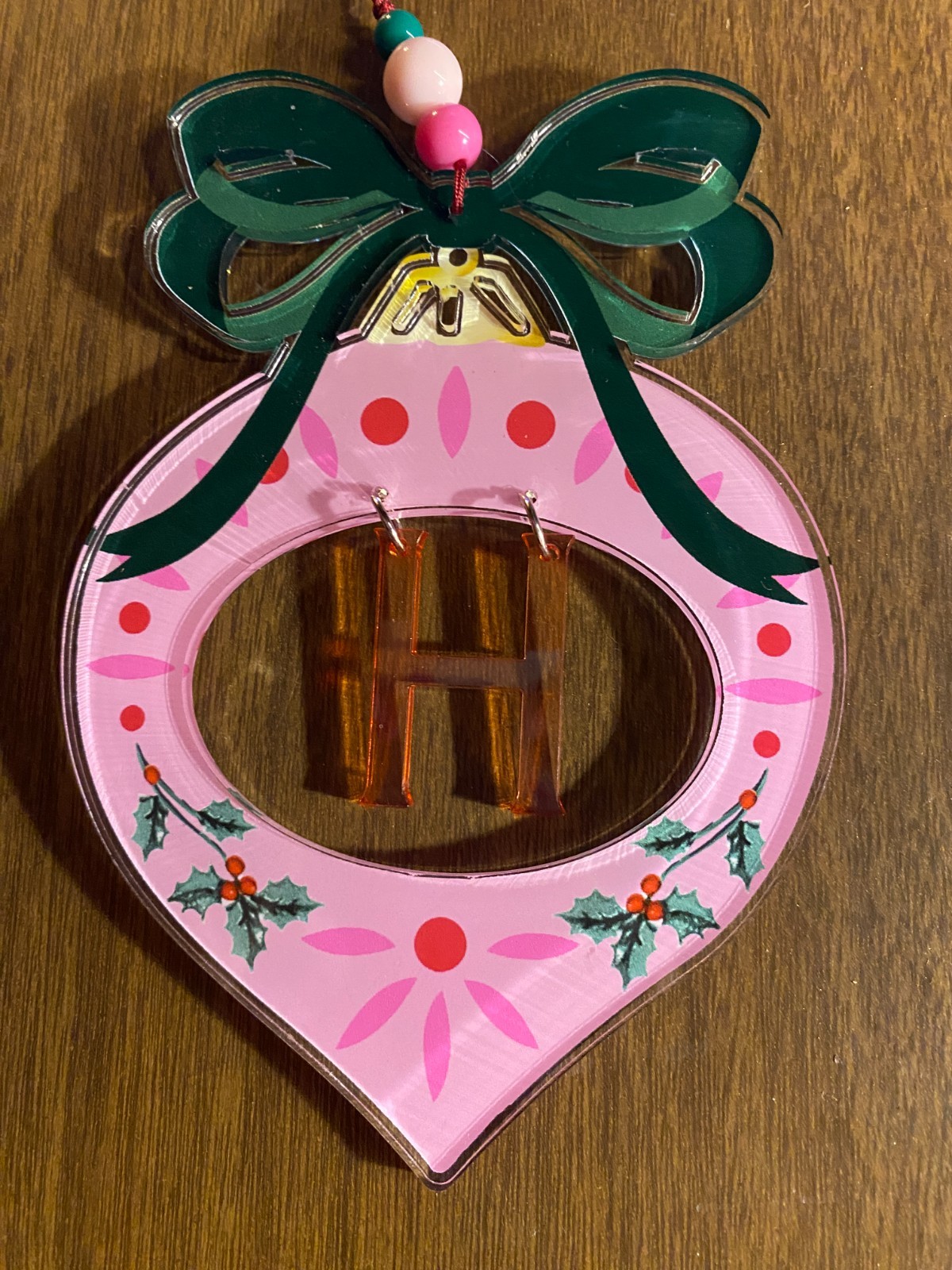 Acrylic Monogram Initial Letter H Christmas Ornament 6.5"