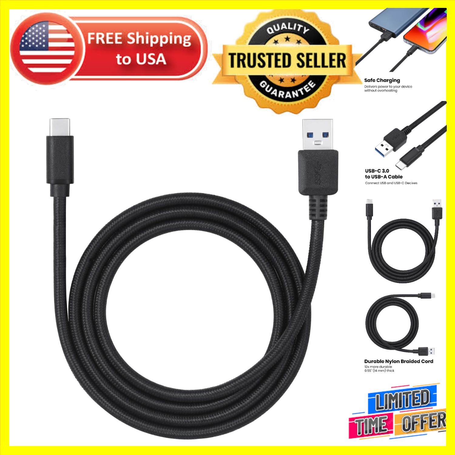 Elegant 3 Ft Braided USB Type-C to USB-A Cable - Fast Charging & Data Transfer