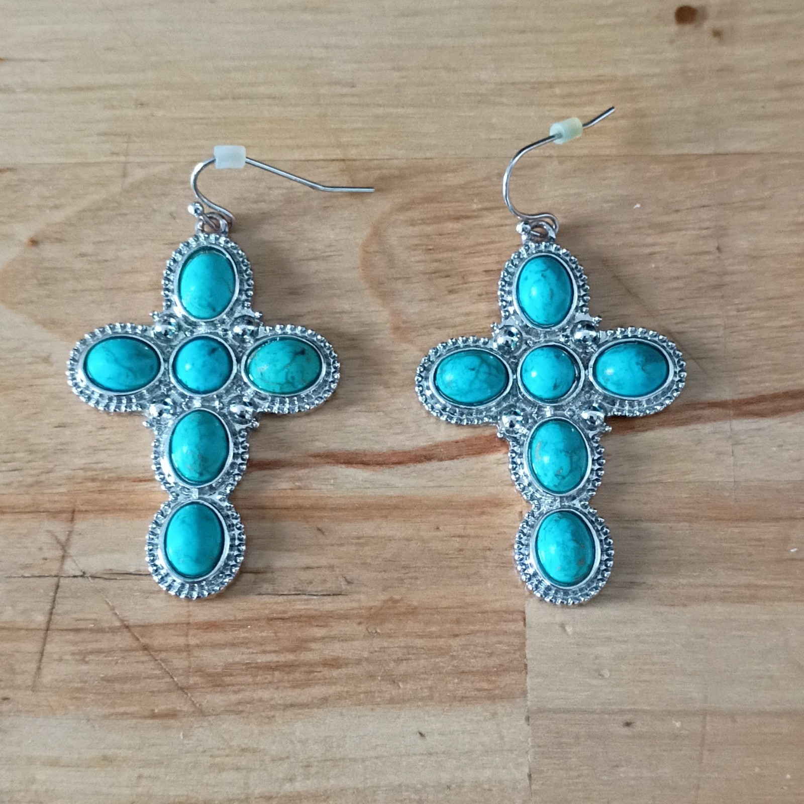 Southwestern Turquoise Cross Dangle Earrings Silver Tone Hook Handmade