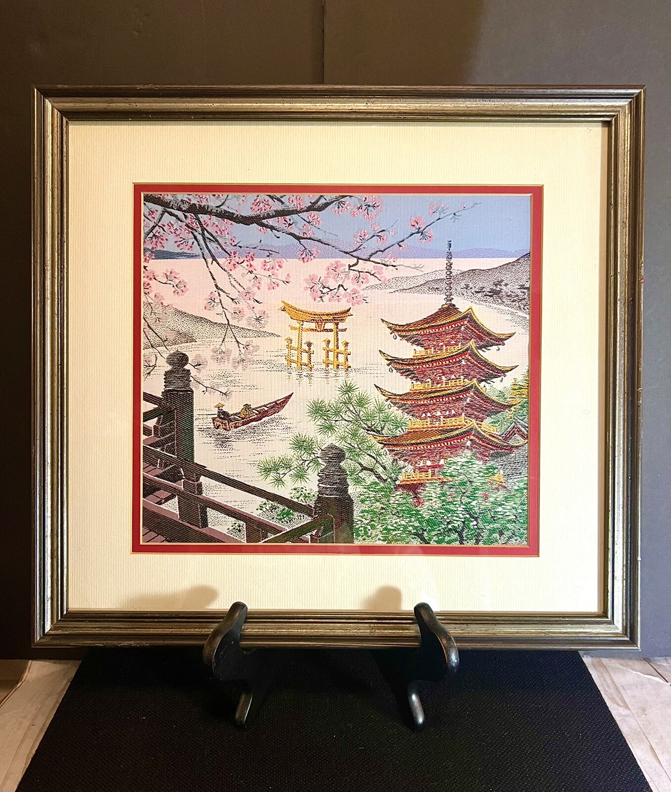 Japanese Silk Embroidery Temple with Cherry Blossom Landscapes Wall Art Framed