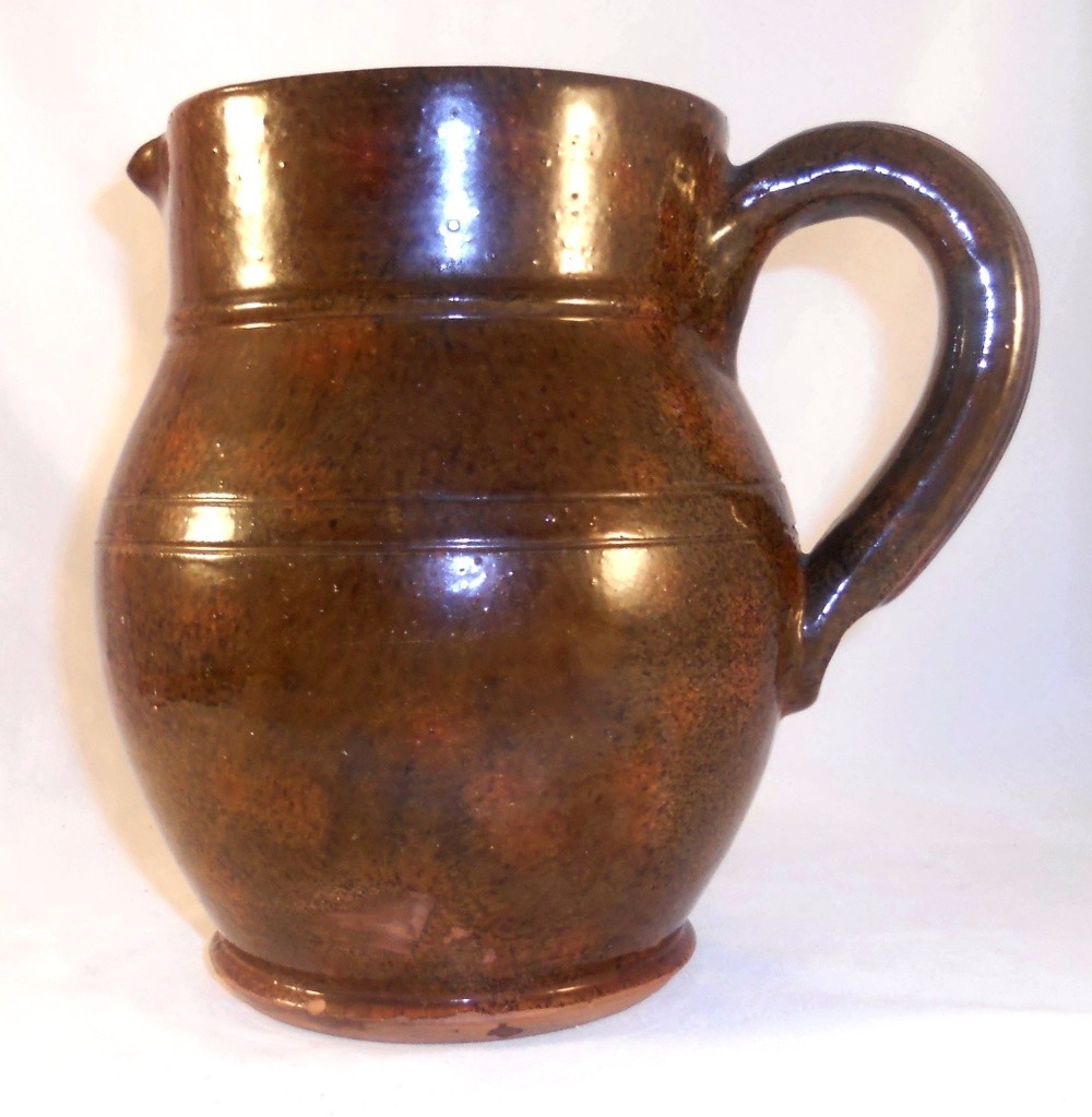 1939 Redware Glazed Large Pitcher Thomas Stahl Light Mottled Dark Greenish Brown