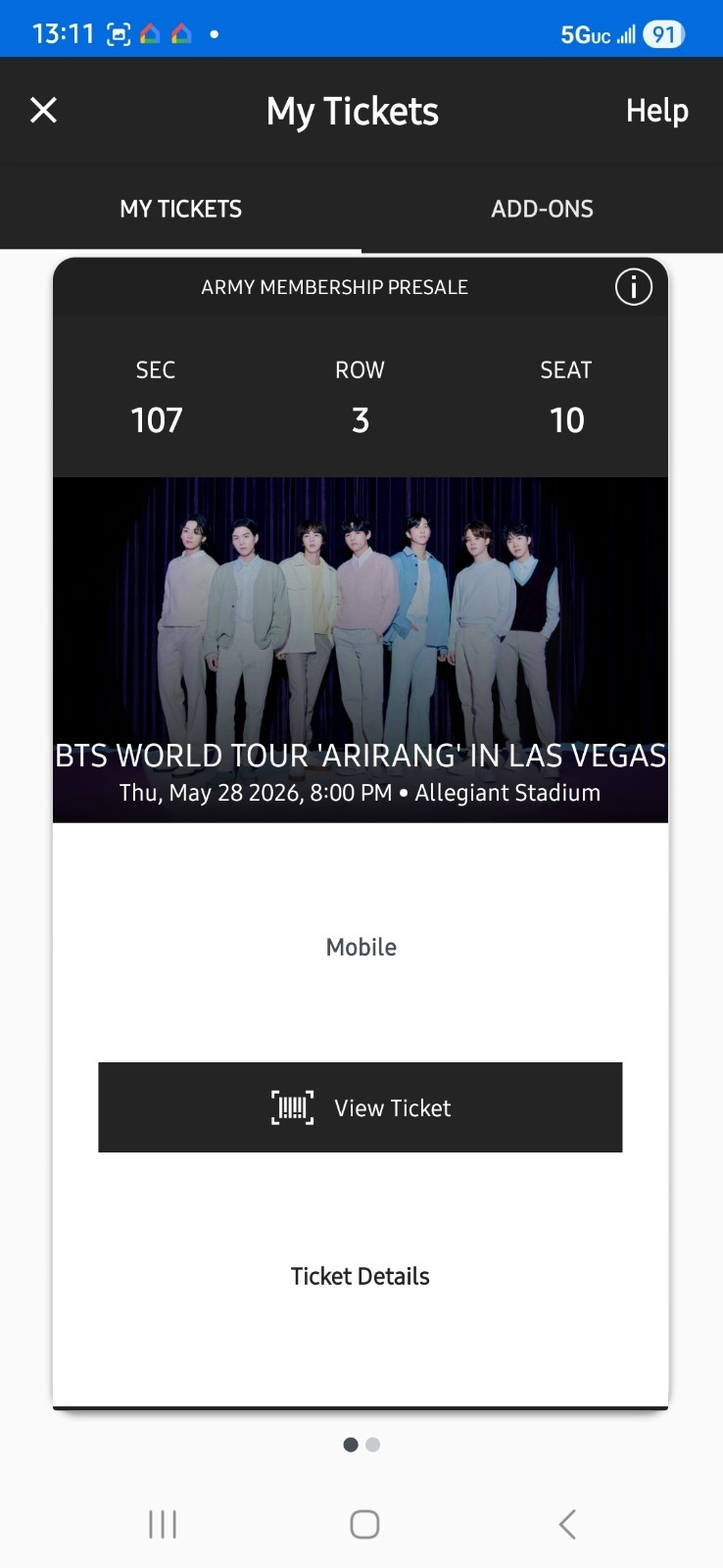 BTS World Tour Arirang Tickets Las Vegas Sec 107 Row 3 May 28- Ask before buying