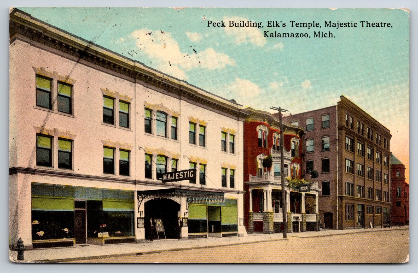 1913 Kalamazoo, MI Postcard - Peck Building and Majestic Theatre, Kalamazoo