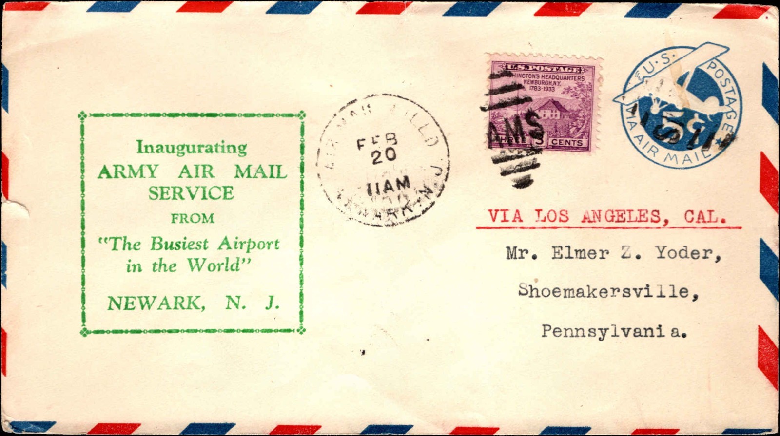 Newark NJ Army Air Mail Service Inaugural Cover Newark Airport