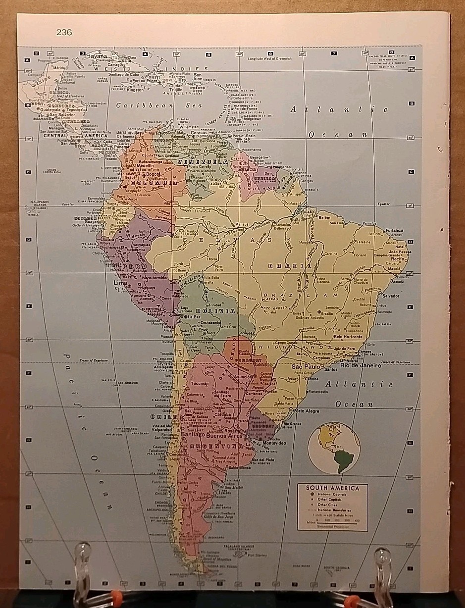 1961 Vintage SOUTH AMERICA Old Atlas Map Life Pictorial Atlas of the World