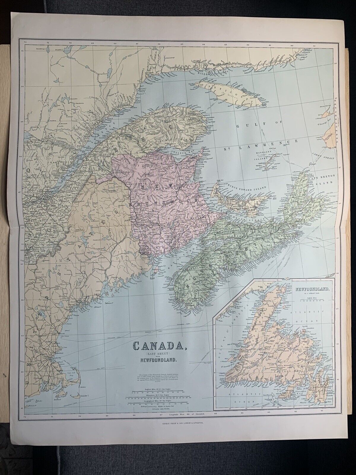 1895 Eastern Canada Large Original Antique Map by George Philip 69 cm x 54 cm
