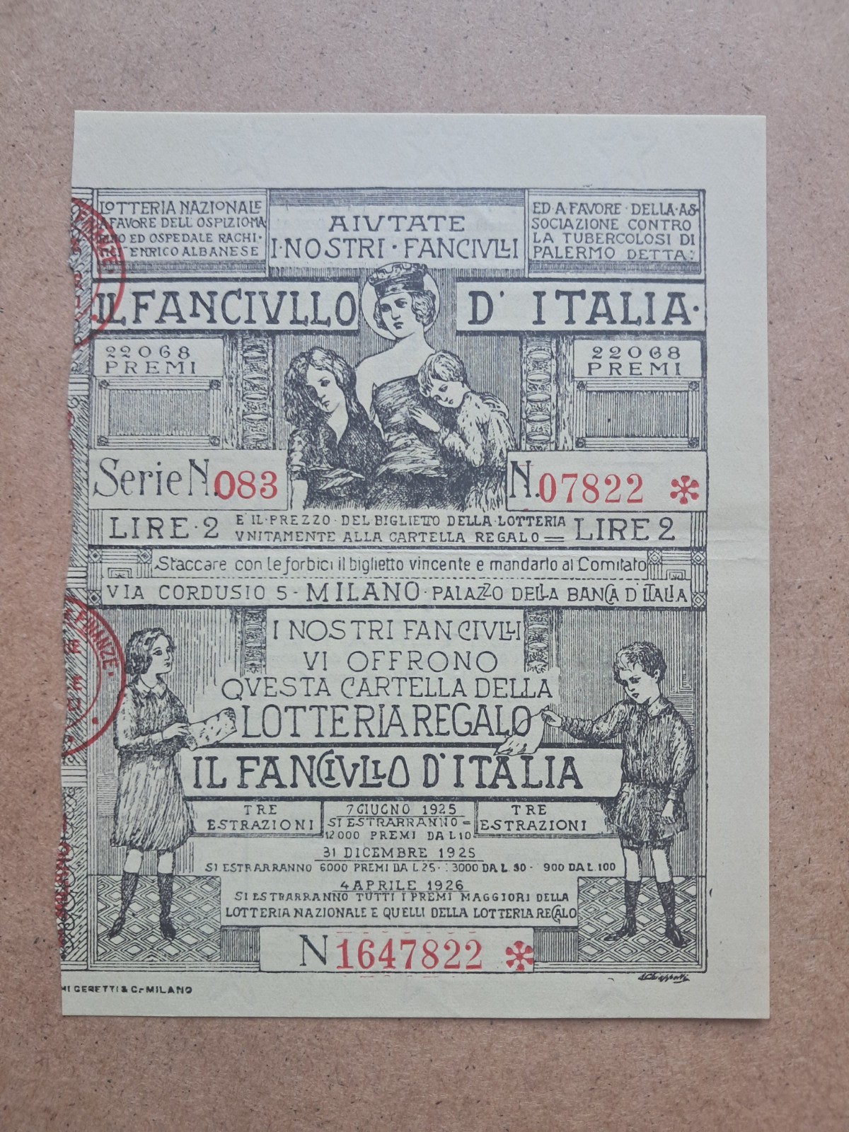 Gift Lottery Ticket - Il Fanciullo d'Italia - 1925 (Yellow)