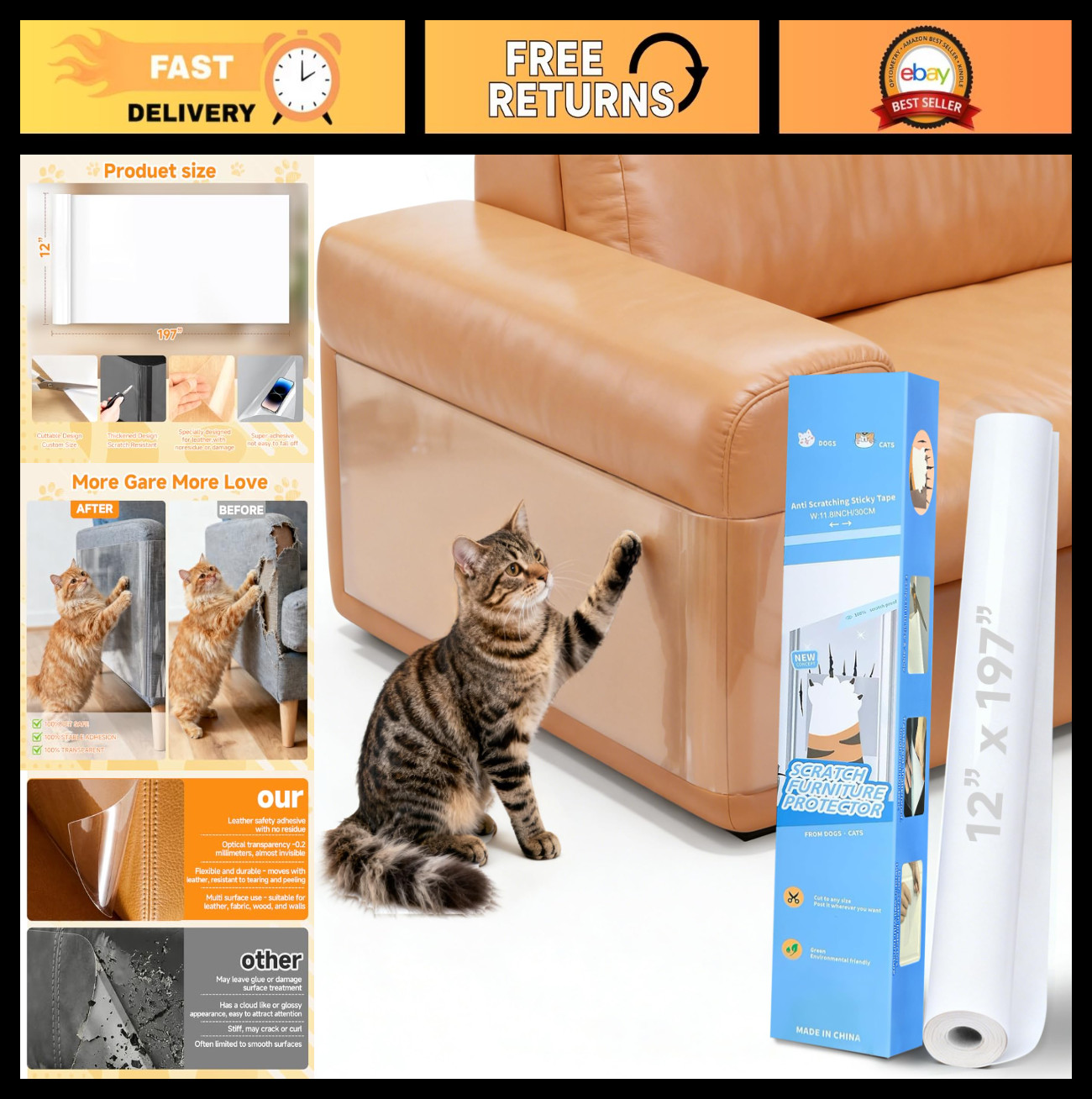 Clear Anti-Cat Scratch Furniture Protector - Large 197"x12" for Sofas & Chairs,