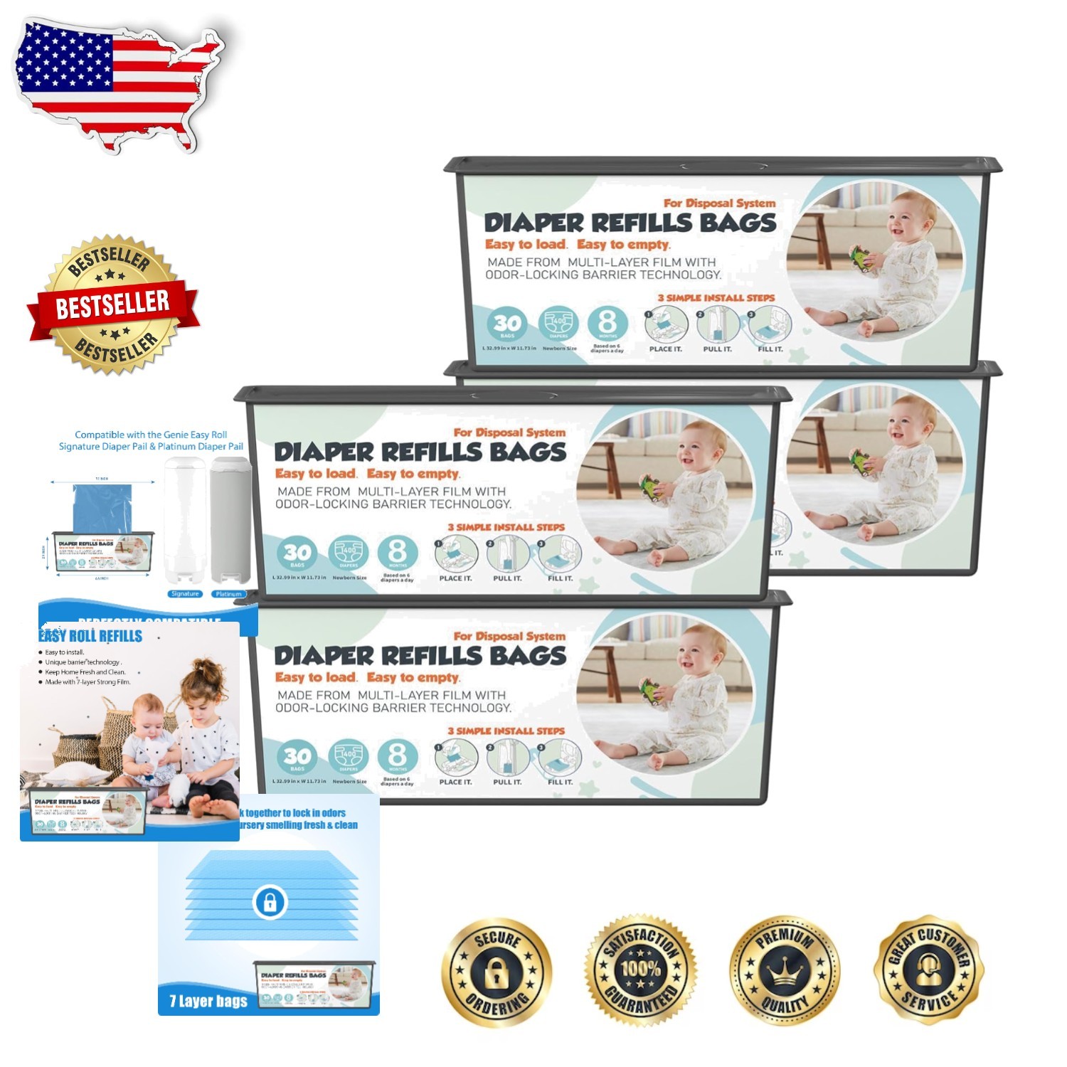 Easy Roll Diaper Refills 4 Pack 120 Bags Genie Platinum Signature Odor Barrier