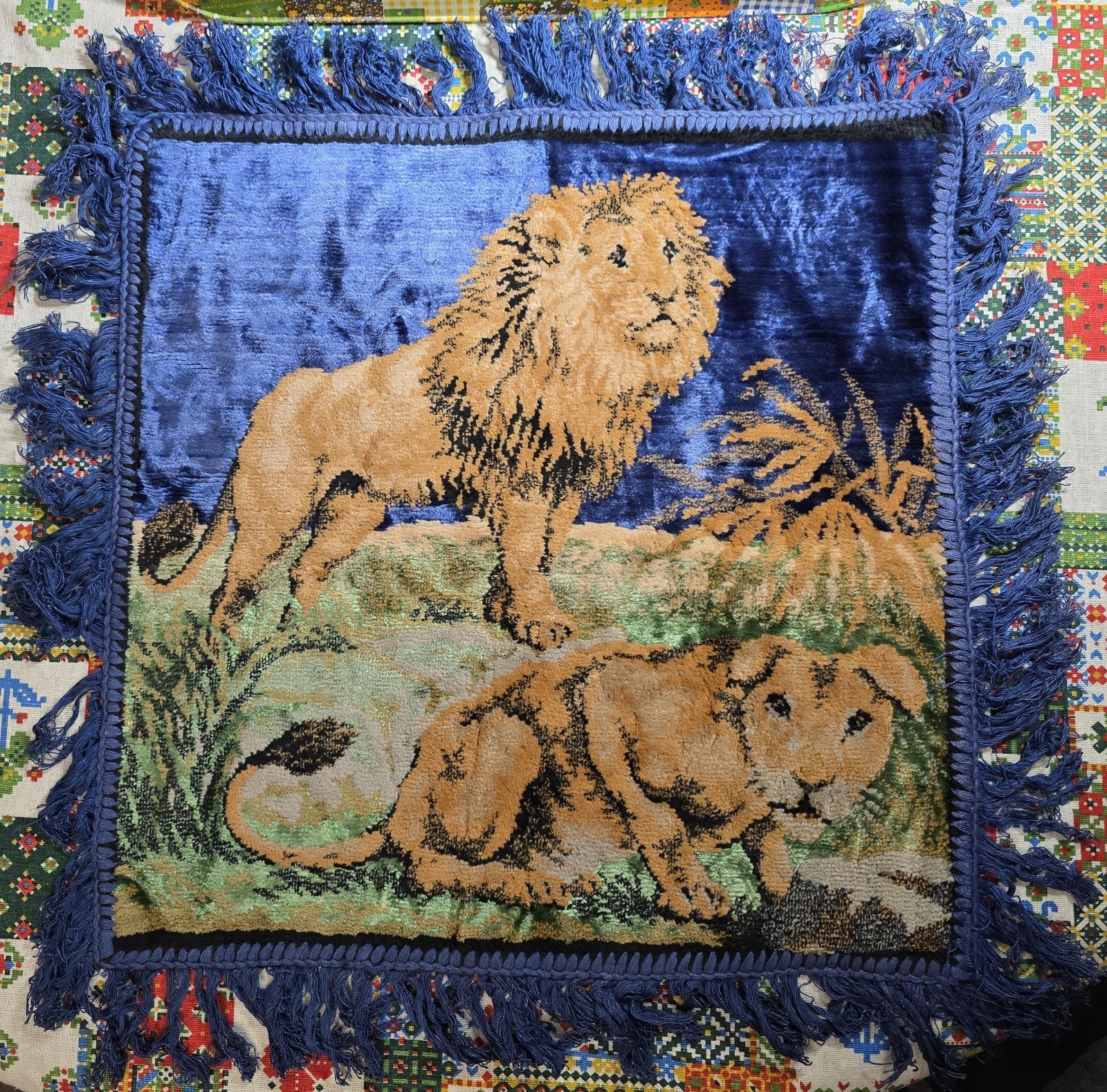 Vintage 1970s Lion Wall Art Tapestry 18 ×18 Velvety Fabric