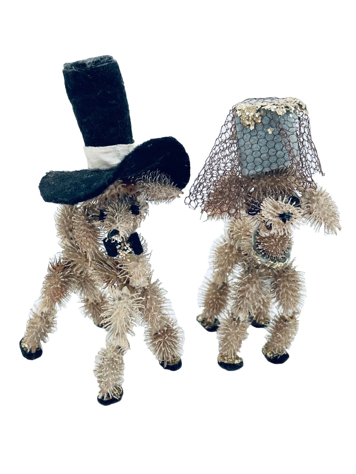 Vintage Artisan Hand Crafted Seed Pods Anthromorpic Girl Boy Poodle Dog Figurine