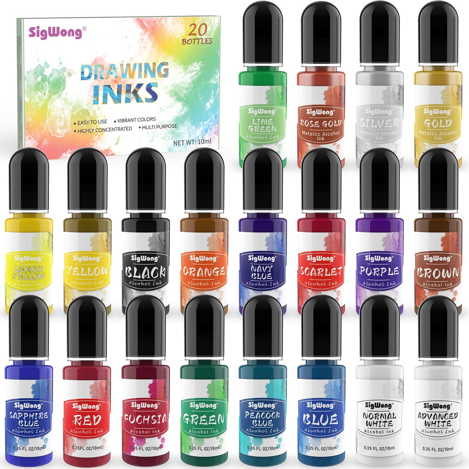 Alcohol Ink Set - Vibrant Colors High Concentrated 20 Bottles 
