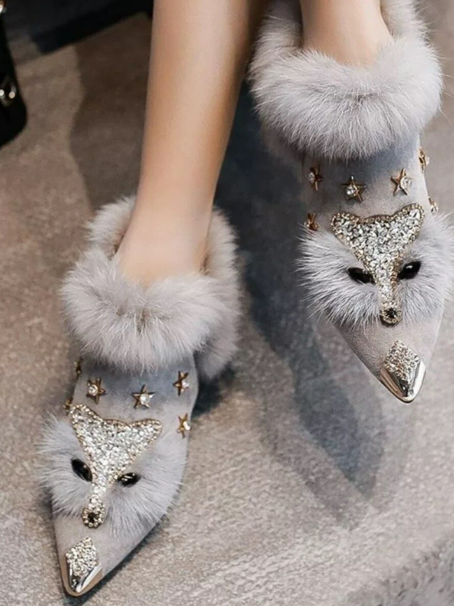 New fox Fur Gray suede demi ankle platform boots for women
