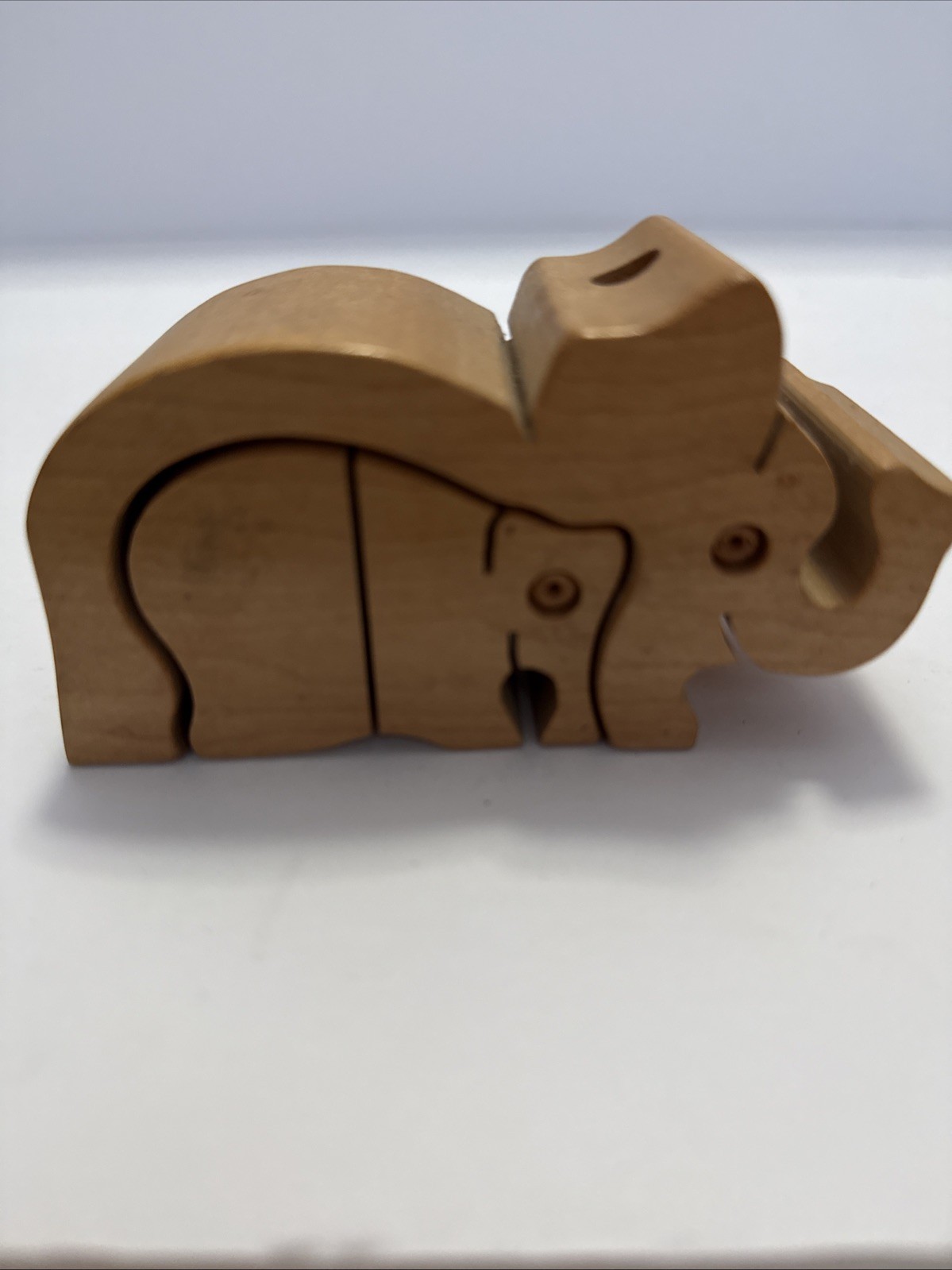 Vintage WOOD PUZZLE BOX Elephants SCULPTURE mcm Stamp Dispenser Pencil Holder