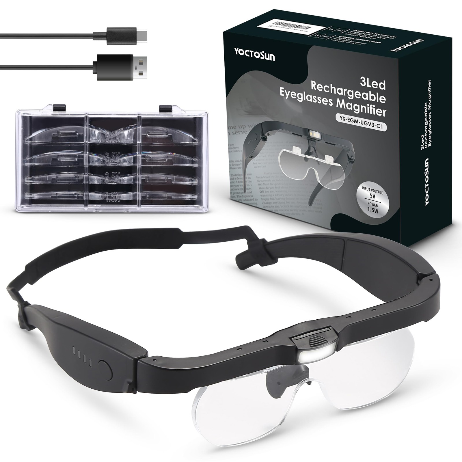 YOCTOSUN Magnifying Glasses with Light, Rechargeable Head Magnifier Black 