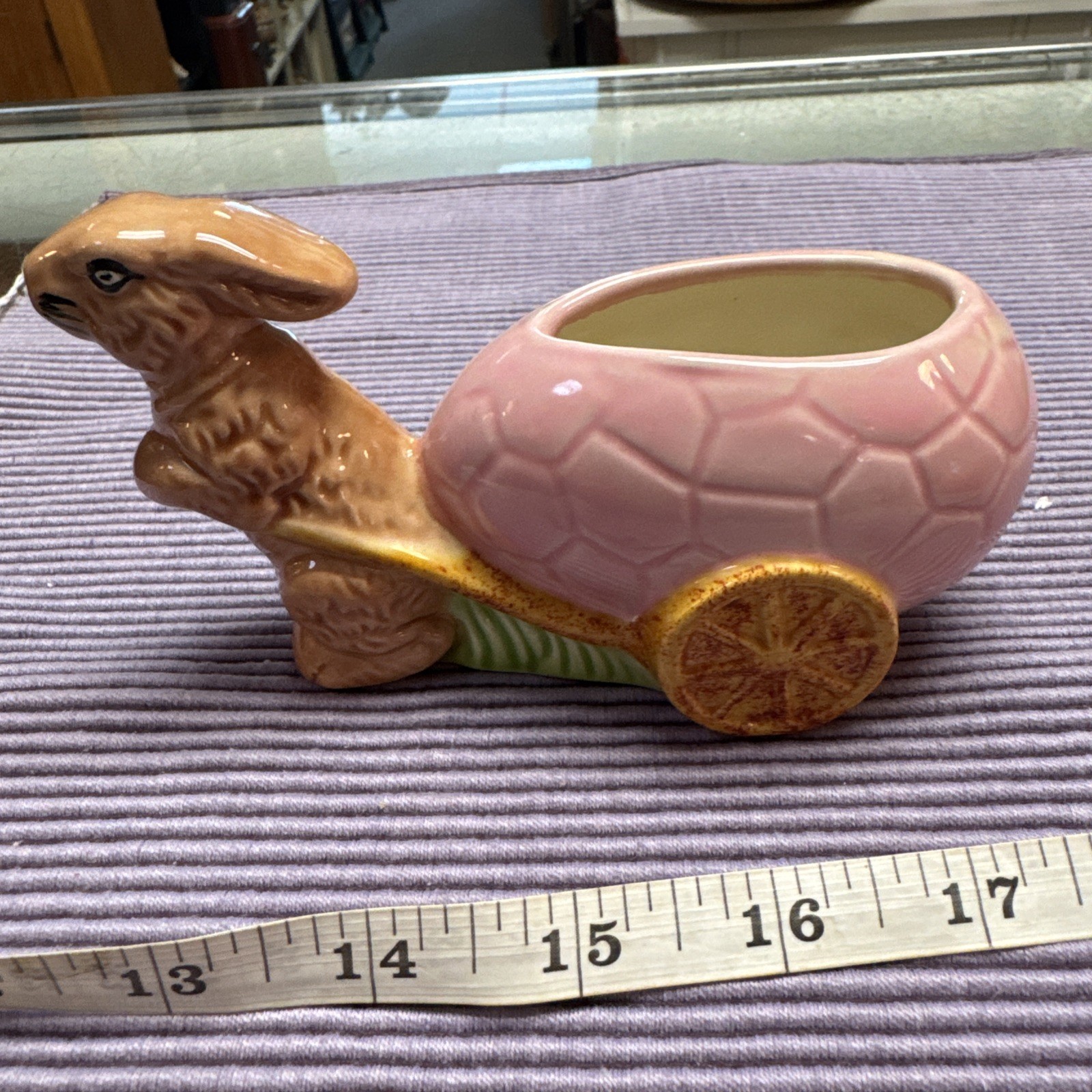 Vtg Ceramic Easter Planter Bunny rabbit w Pink egg cart spring decor