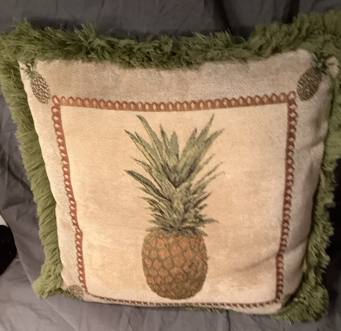 Vintage Tropical Pineapple Decorative Throw Pillow Tan With Green Fringe 18 X 18