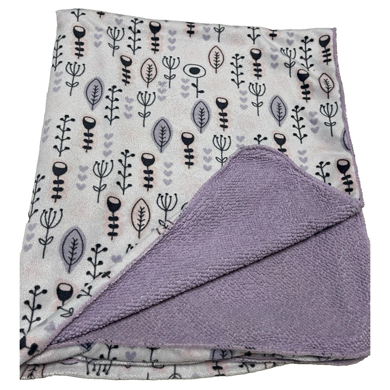 Baby Blanket Purple Pink Black Velour Sherpa Hearts Leaf Botanical Soft Security